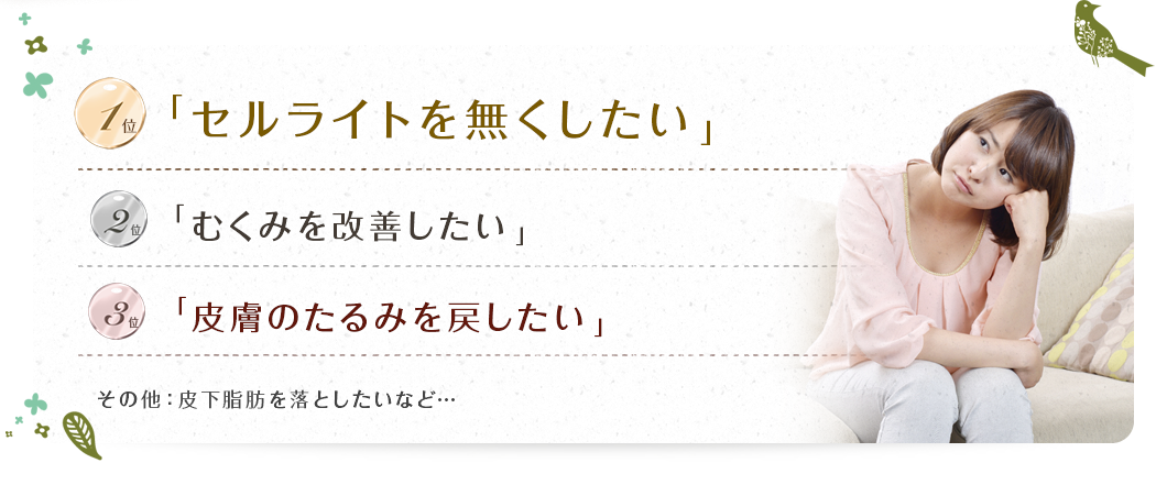 「セルライトを無くしたい」「むくみを改善したい」「皮膚のたるみを戻したい」その他：皮下脂肪を落としたいなど…特に『食べ過ぎ・運動不足』などで一度太ってしまってから体型が戻らず困っている方また『仕事・家事・育児』で身体のことが二の次というお客様